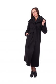 Дълго палто с ръчно плетена яка - черно - Дълго палто с ръчно плетена яка - черно