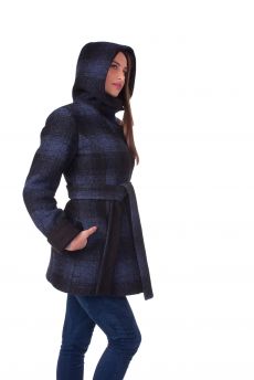 Късо палто с качулка – каре синьо с черно - Късо палто с качулка